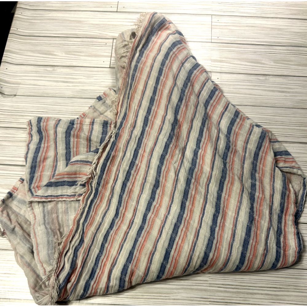True Craft White Blue Coral Stripe Kimono Topper Layering Piece Fringe‎ 0X/1X